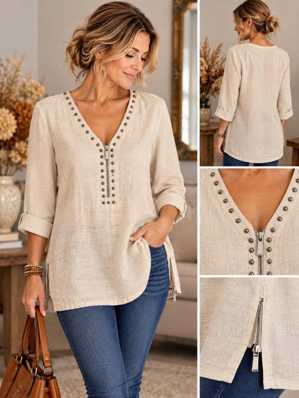Michael Kors 100% Linen Studded V-Neck Tunic Top | Size M